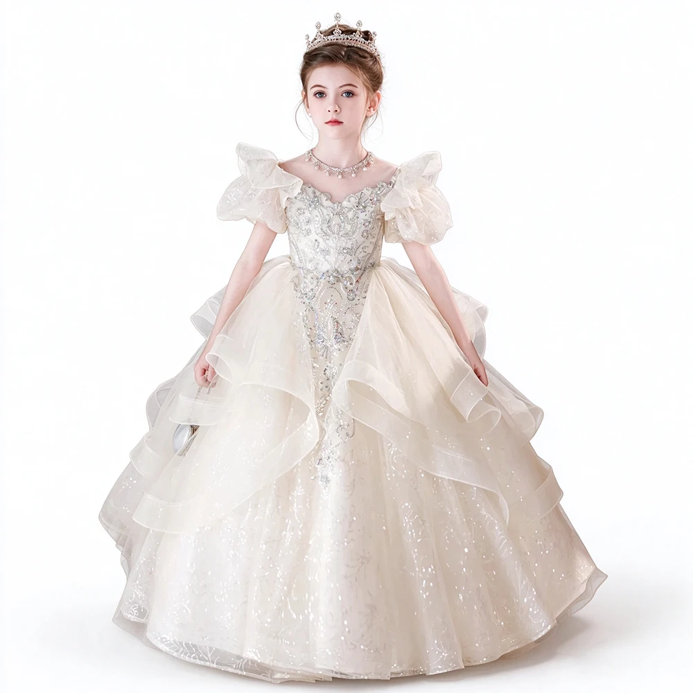 Princess Kids Graduation Catwalk Model Show Gown Short Sleeve Ruffle Tulle Champagne Evening Prom Birthday Party Dress For Girls
