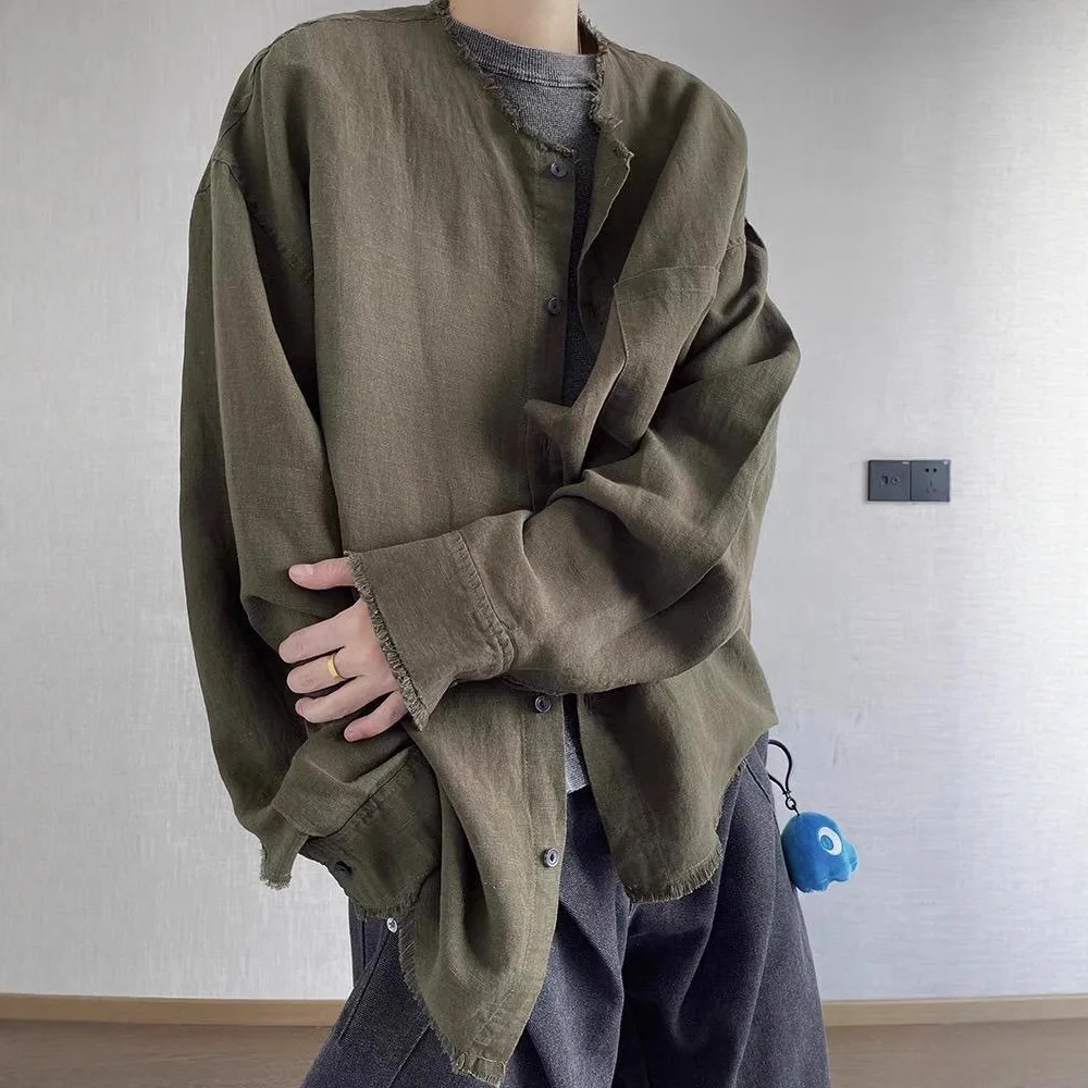 Long-sleeved Shirt Men Green Retro Frayed Linen Shirt Thin Lazy-style Spring Summer New Fashionable Comfortable Loose Casual