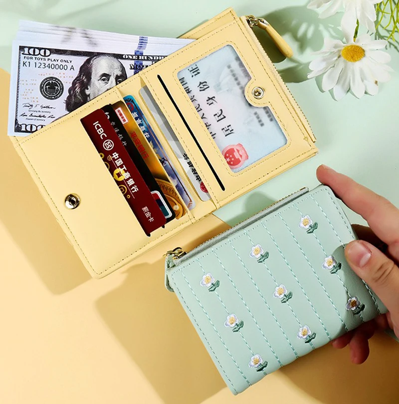 Folding Short Wallets Women Floral Embroidery PU Leather Texture Wallet Money Coin Bags Fashion All-match Designs Card Holders