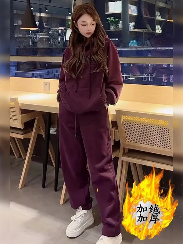 

plus Size Fleece Lined Thickened Casual Sports Set Women Autumn Winter Hoodie Sweatpants Two Piece Set Comfortable Loose Fit