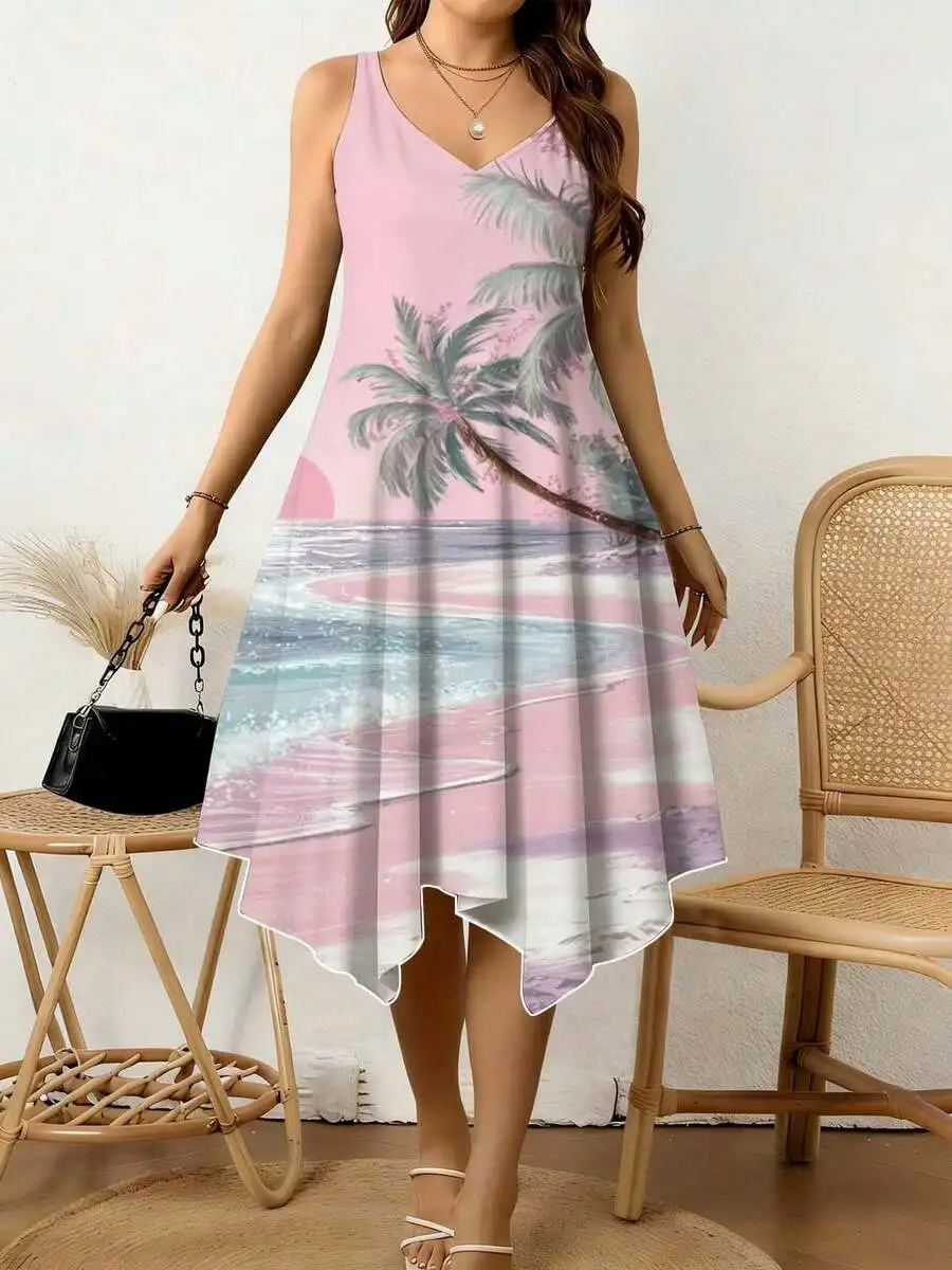 

Women V Neck Irregular Hem Dress Tropical Palm Tree Ocean Sunset Print Summer Beach Vacation Casual