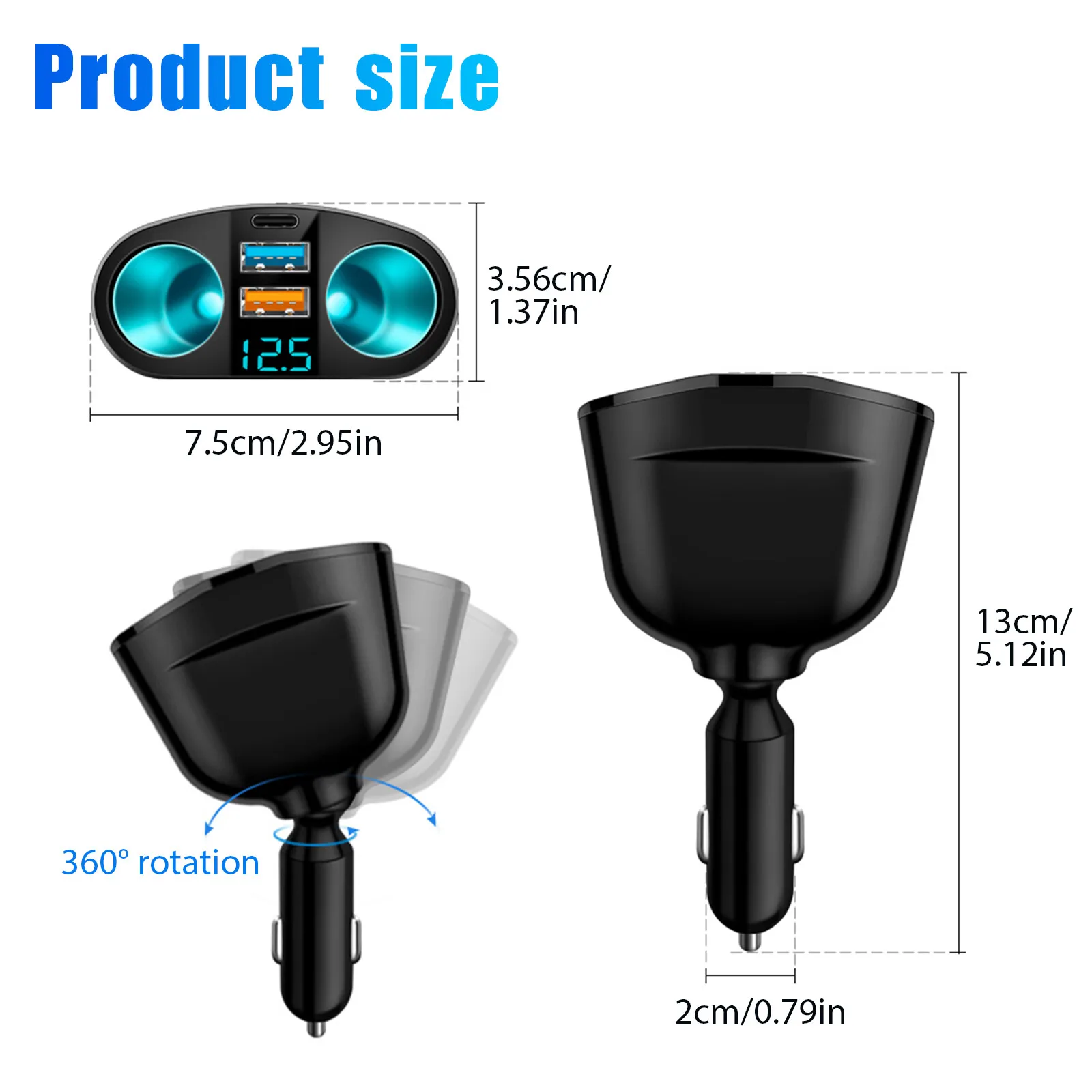 120W 2USB+PD type-C Outlet 12V Dual USB Car Cigarette Lighter Socket Splitter Power Adapter Charger