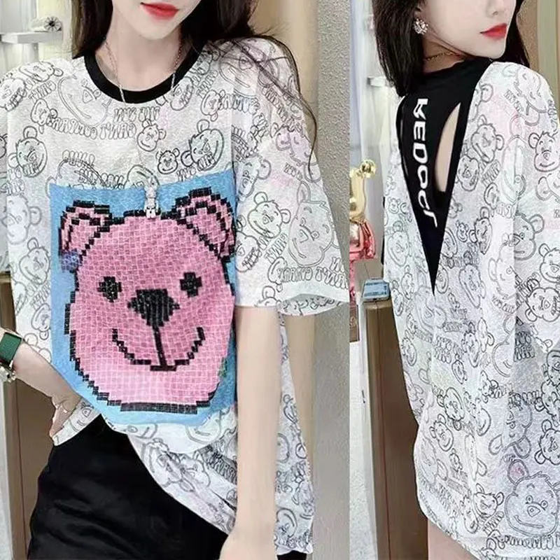 Summer Thin Streetwear T-shirt Fashion Letter Cartoon Printed Female Clothing Loose Backless Patchwork Chic Diamonds Pullovers