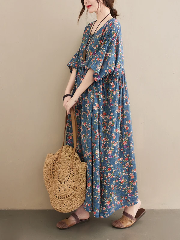 플러스 사이즈 여름 빈티지 프린트 드레스 루즈핏 배 가리는 롱 커뮤트 아트 스타일 레귤러 소재 캐주얼 드레스