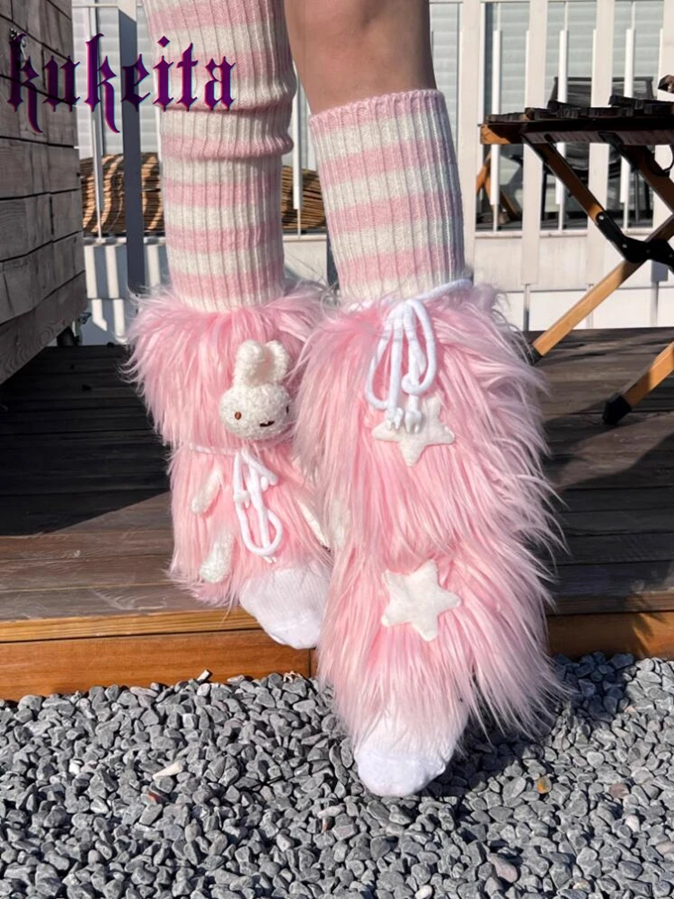 Kukeita Harajuku Lovely Pink Leg Warmer Boots Socks Y2k Punk Women Kawaii Bunny Lace-up Faux Fur Leg Covers Knitted Long Socks