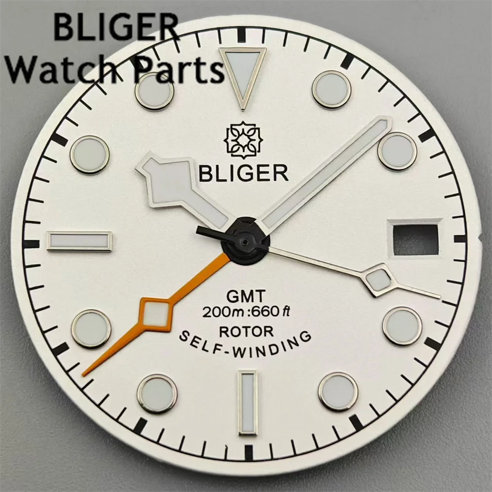 BLIGER 29mm quadrante bianco bordo argento segni temporali verde blu rosso arancione marchio GMT con set di lancette verde luminoso adatto al movimento NH34