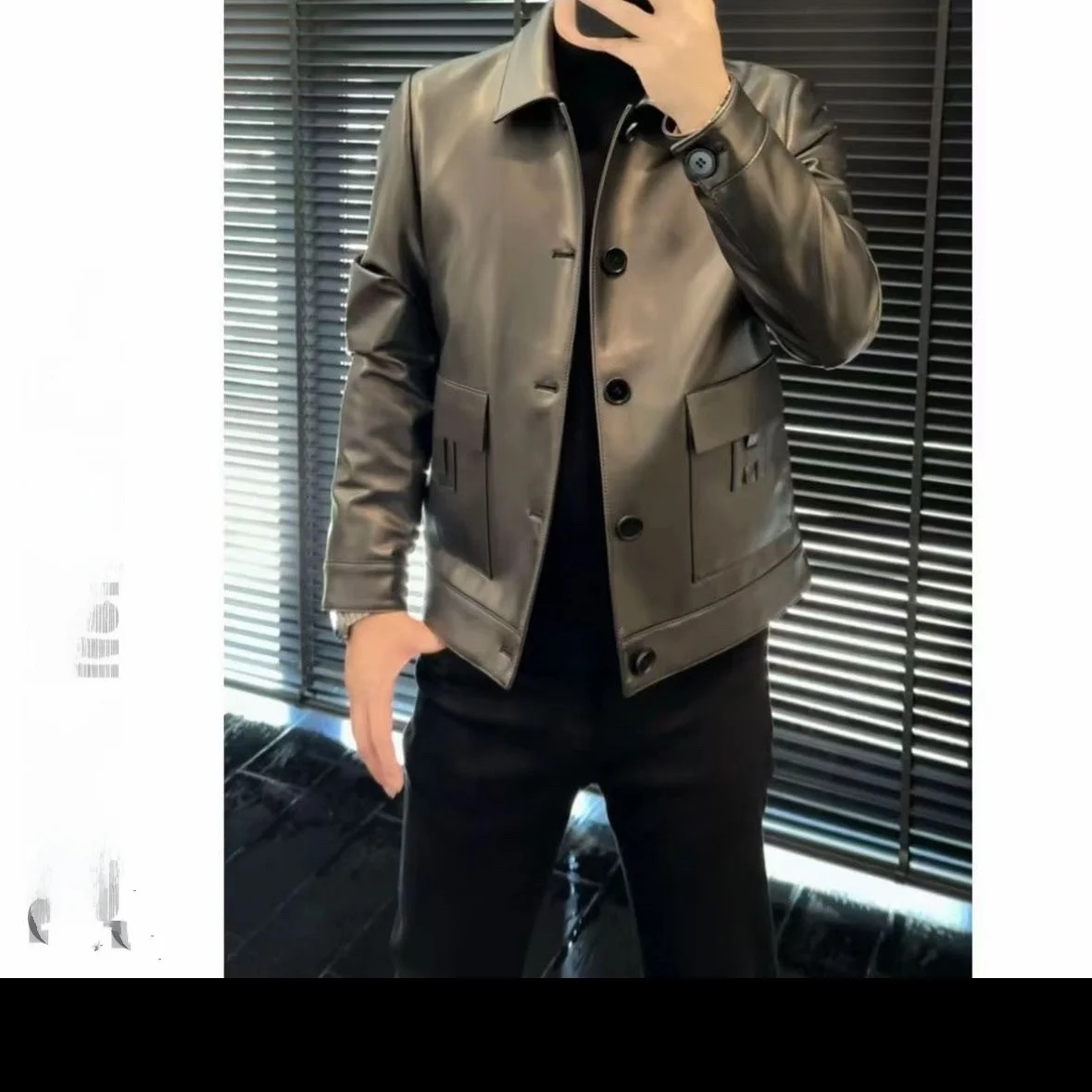 

Men's mat Button-Up Collar Leather Jaet Autumn Winter Faion Casual Workwear Sli Trendy Long Sve Polyester F...