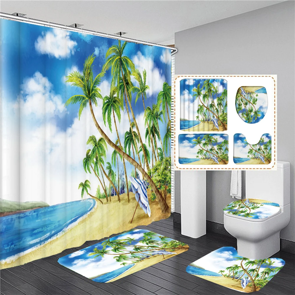 

Seaside Landscape Waterproof Shower Curtain Set Bathroom Floor Mat 4pcs Coconut Tree Shower Curtains Decorative with Hooks