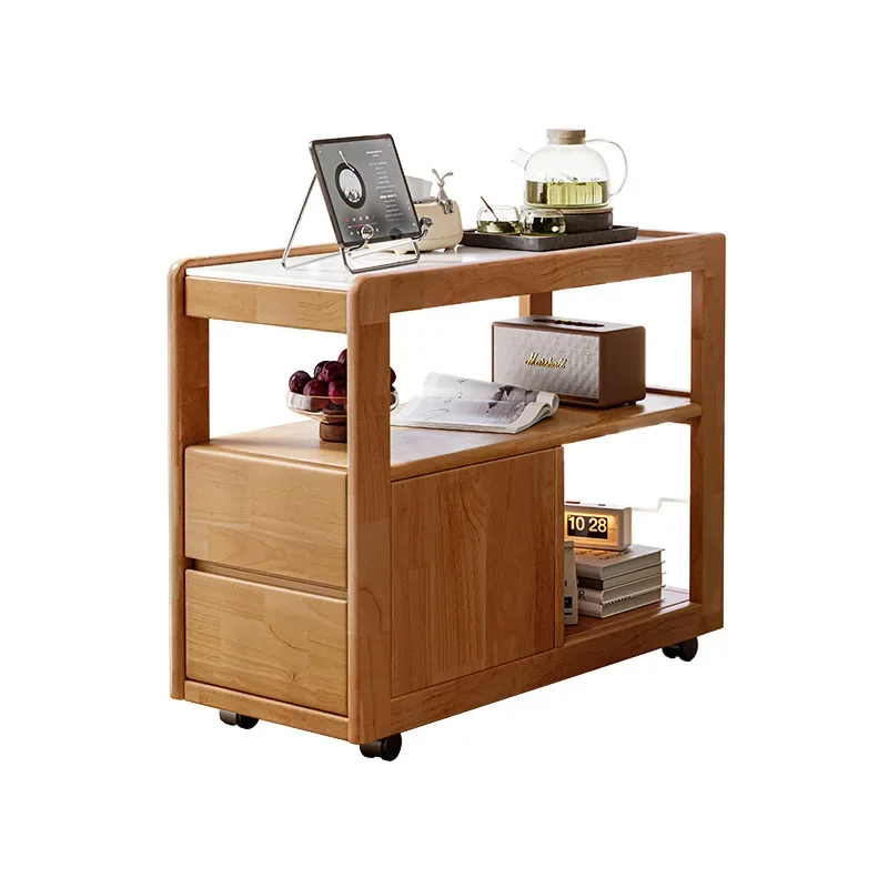 Solid wood sofa side cabinet, rock slab side few with wheels Nordic small apartment living room removable