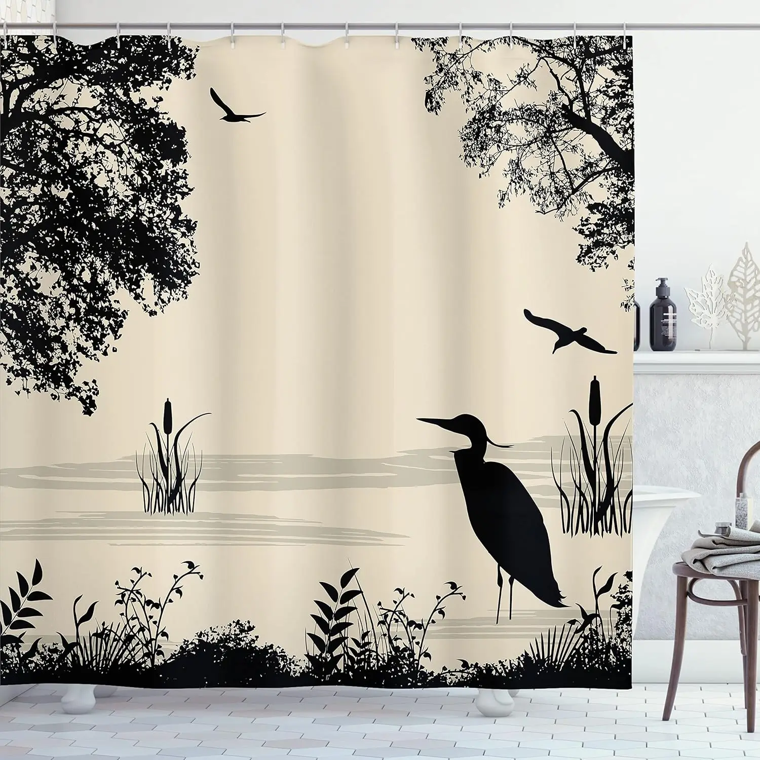 

Silhouette Heron Shower Curtain Nature Scene Black White Design Lake Bird Art Decor Rustic Bathroom Linen180x230
