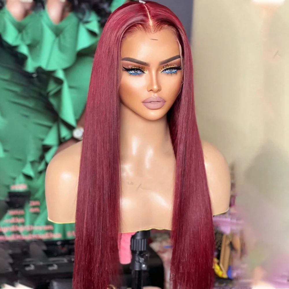 99J بورجوندي 13x4 4X4 HD الدانتيل خصلات الشعر المستعار الإنسان النبيذ الأحمر اللون مستقيم أمامي الدانتيل البرازيلي قبل قطعها الباروكات للنساء #2