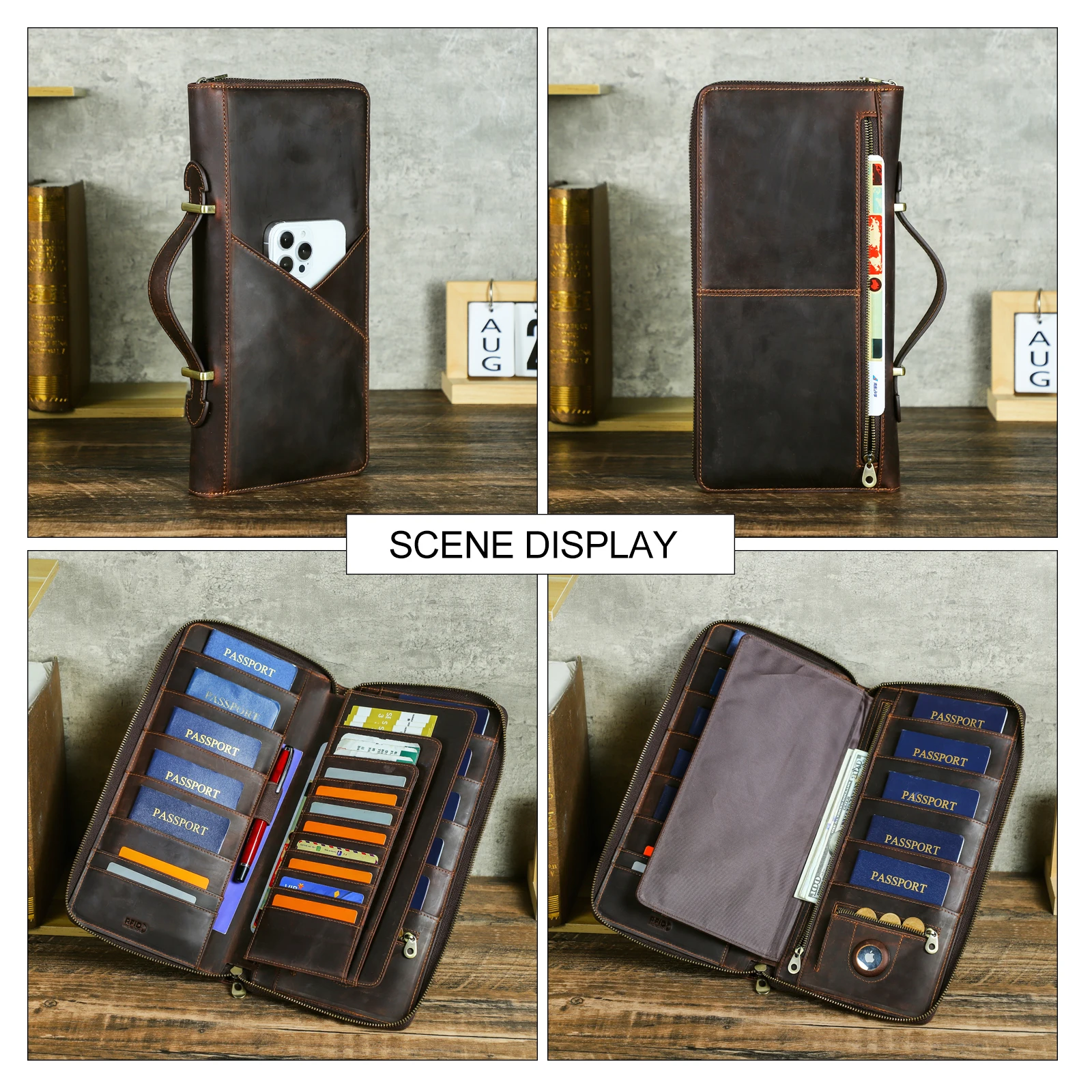 CONTACT'S Genuine Leather Family Passport Clutch Wallets Passport Cover Travel Handbag, 10 Passport Slots, Free Personalization