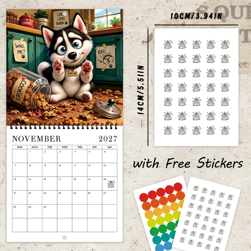 1pc 2027 Chibi Husky Fun Wall Calendar,12‑Month Planner,Gift For Back‑to‑School,Christmas,New Year,Free Stickers Included