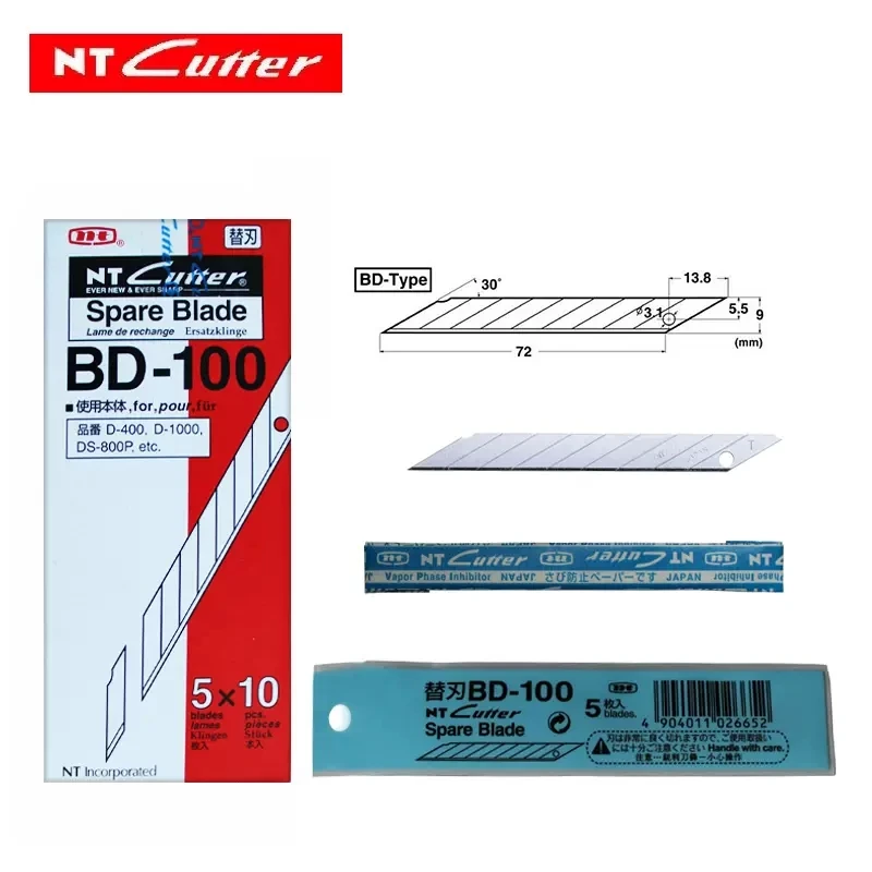 Original japonés NT CUTTER BD-100 hoja de utilidad pequeña de 9 mm papelería afilada de 30 grados hoja de grabado pequeña envoltura de automóvil profesional película de corte de ropa de automóvil