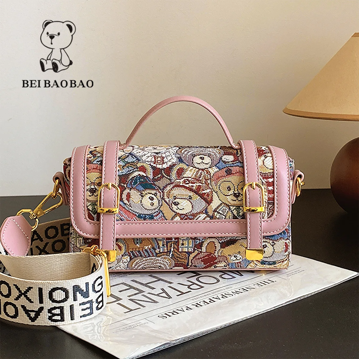 Beibaobao 2024 Summer New Women\'s Bag Cartoon Little Bear Canvas Bag Small Elegance Handbag Single Shoulder Crossbody Bag