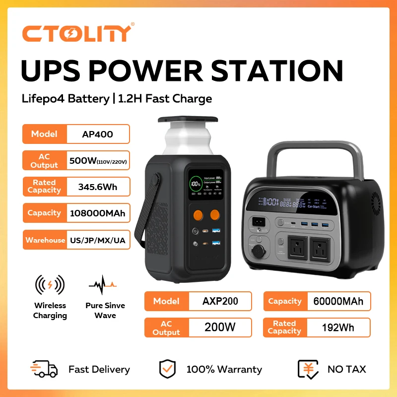 

CTOLITY AXP200 AP400 Электростанция 192 Втч 345 Втч Lifepo4 Аккумулятор для кемпинга Power Bank ИБП Резервная батарея USB TYPE-C Светодиодный светильник