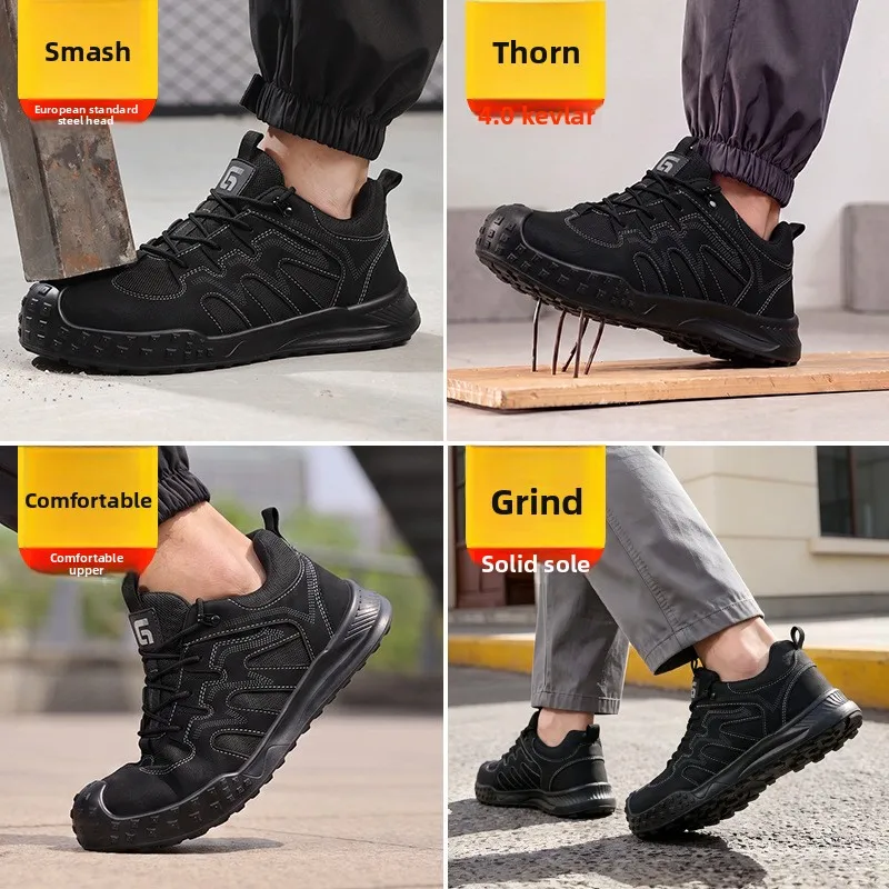 New Men European Standard Steel Toe Safety Work Shoes Anti Smash Anti Puncture Black Microfiber Lightweight Durable Protective