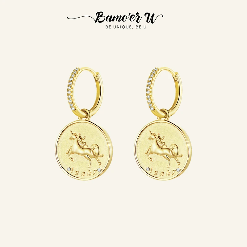 BAMOER U 925 Sterling Silver Lucky Unicorn Hoop Earrings, Plated In Gold Fashion CZ Ear Jewelry