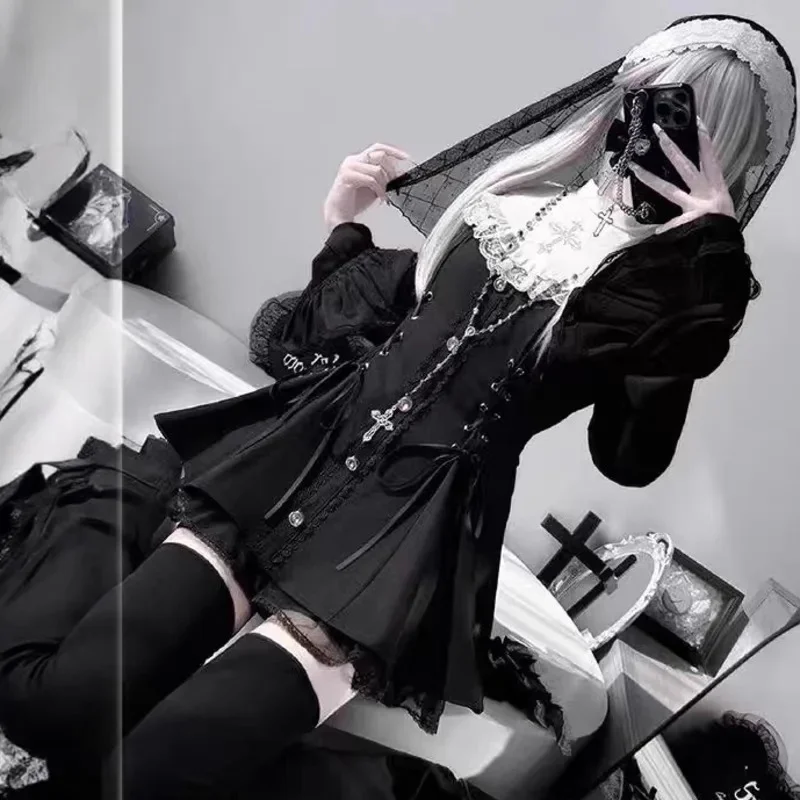 

Fashionable Bow Lace Dresses Y2K Lolita Lace Button Long Sleeved Short Skirt Waist Cinching Slim Dark A-line Skirt Dresses New