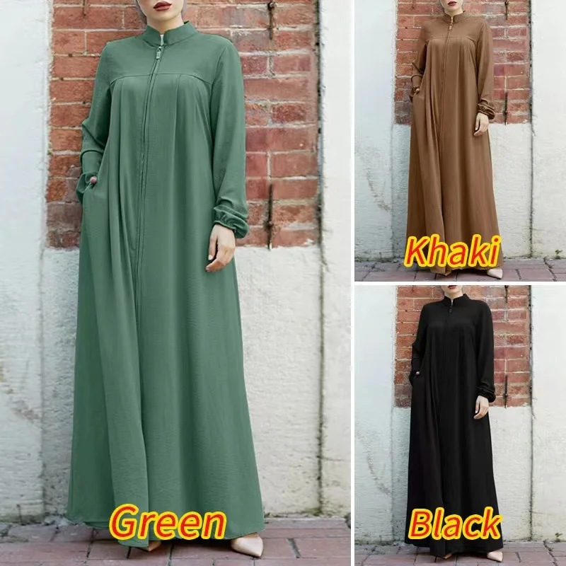 

New Abaya for Muslim Arab Women Solid Color Temperament Cotton Linen Long Sleeved Standing Neck Fashion Loose Casual Long Dress