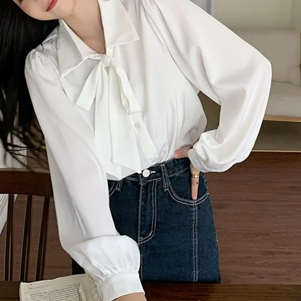 White Shirt Tie Bow Lapel Long Sleeves Women Shirt Casual Lantern Sleeve Autumn Shirt Blouse Female Clothing Women Commute OL