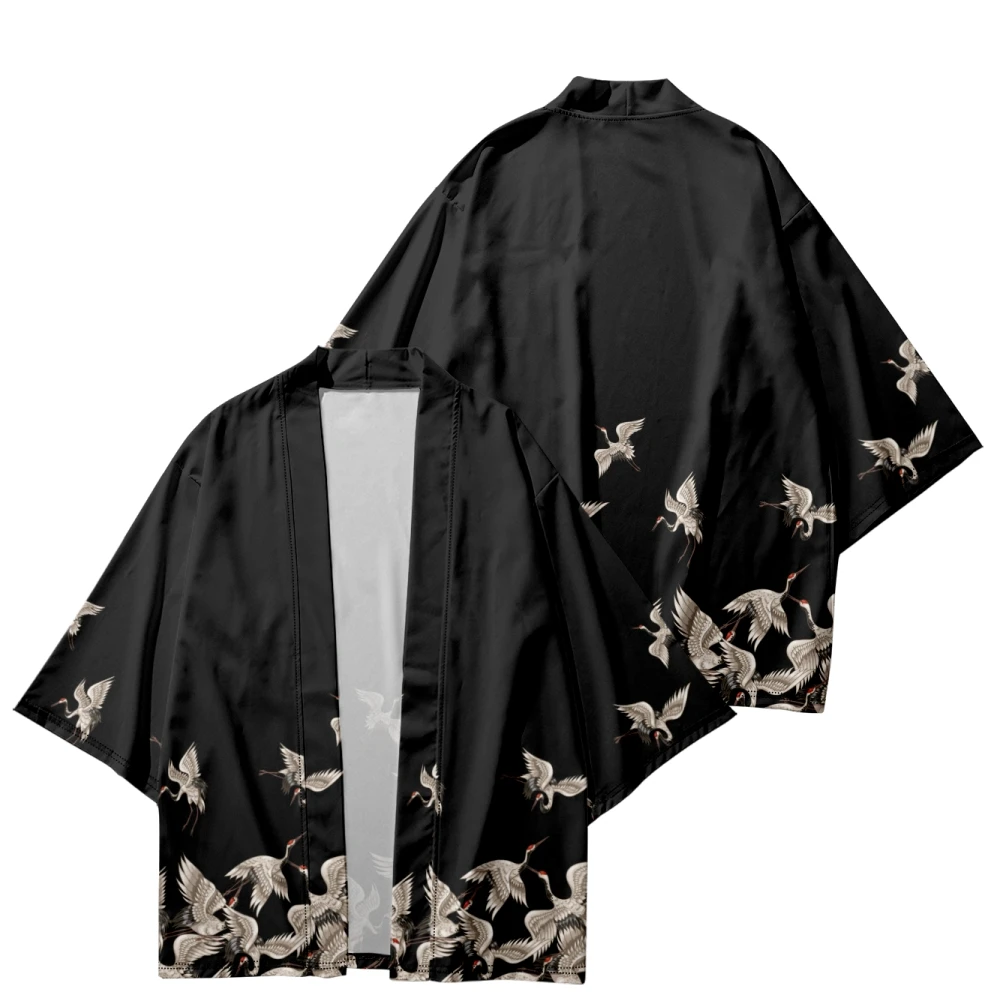 Yukata Kimono con estampado de grulla negra para mujer, cárdigan, ropa de calle japonesa, ropa suelta para hombre