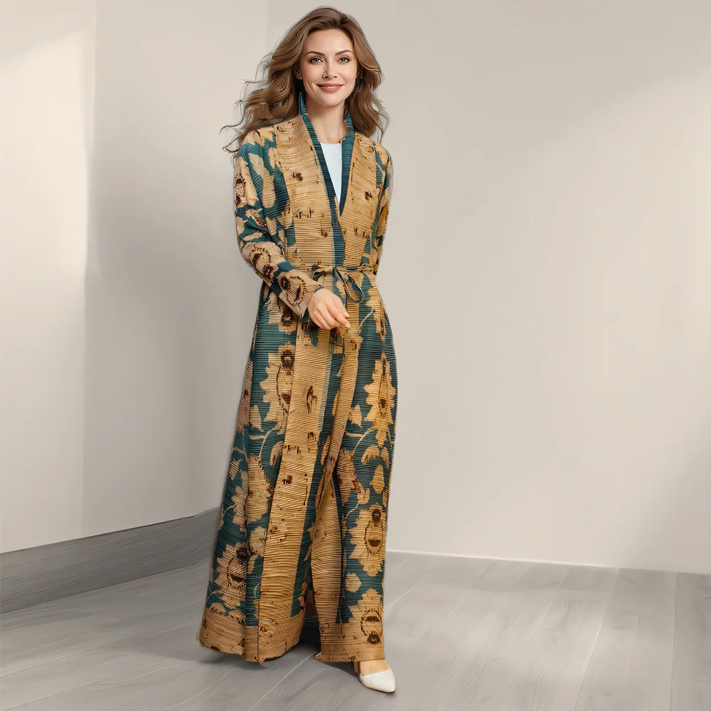 

Pleated robe, coat, cloak, printed Middle Eastern robe, fashionable simple temperament, elegant vacation style, high-end banquet