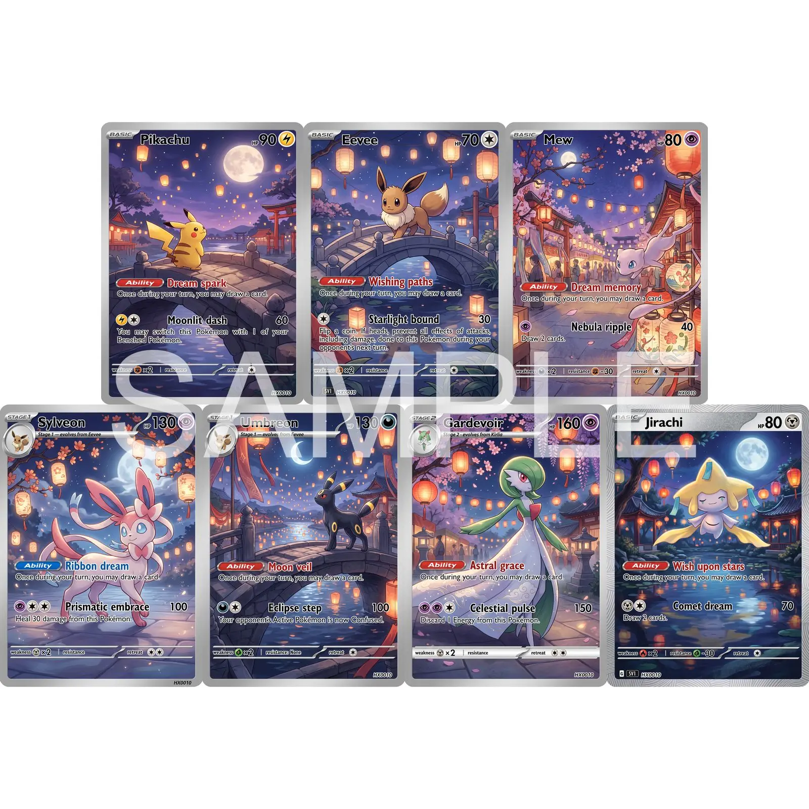 7Pcs PKM Cards PTCG Moonlit Festival Style Eevee Mew Sylveon Umbreon Gardevoir Jirachi Full Art Moon Collection Cards PTCG Gift