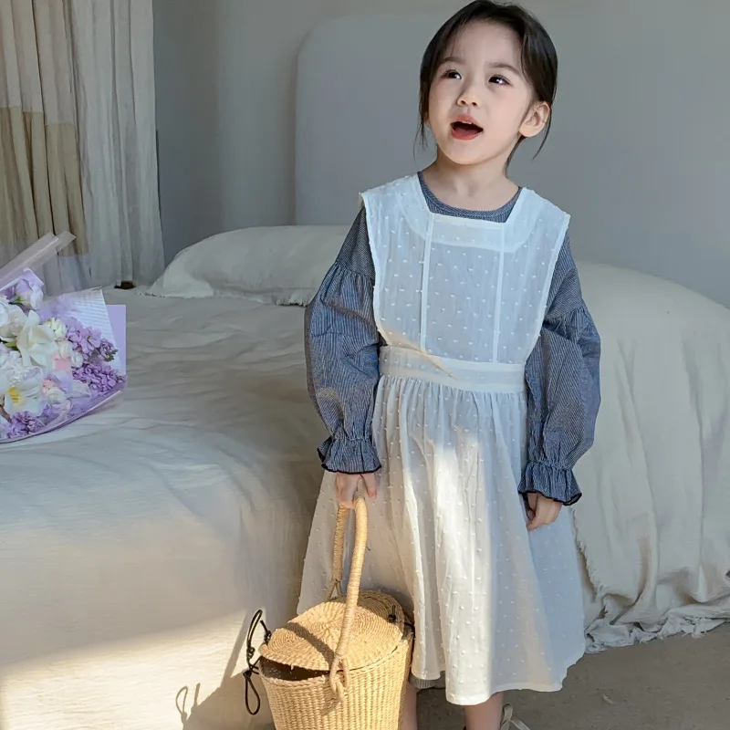 Girls Bubble Sleeve Set 2024 Spring Sutumn Baby Girl Korean Fashion Plaid Dress Vest Smock Two-piece Set Casual Sweet Set