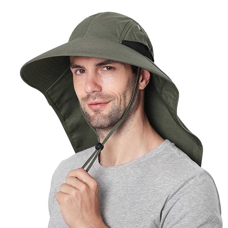 

Men's Cotton Fisherman Caps Summer Anti UV Bucket Hat With Neck Flap Male Outdoor Long Wide Brim Sun Hat For Hiking Fishing Hats