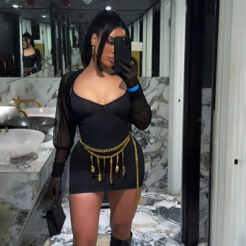 

Women Thin Basics Low Cut Mini Dress Suits Midnight Streetwear Long Sleeve Mesh Gloves Crop Coat+slip Dress Sexy Two Piece Sets
