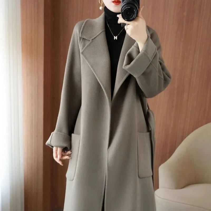 

2023Winter New Double-sided Woolen Coats Women's long Korean Loose Slim Luxury 100 Wool Jacket Lady Belt Cardigan Wool Overcoats