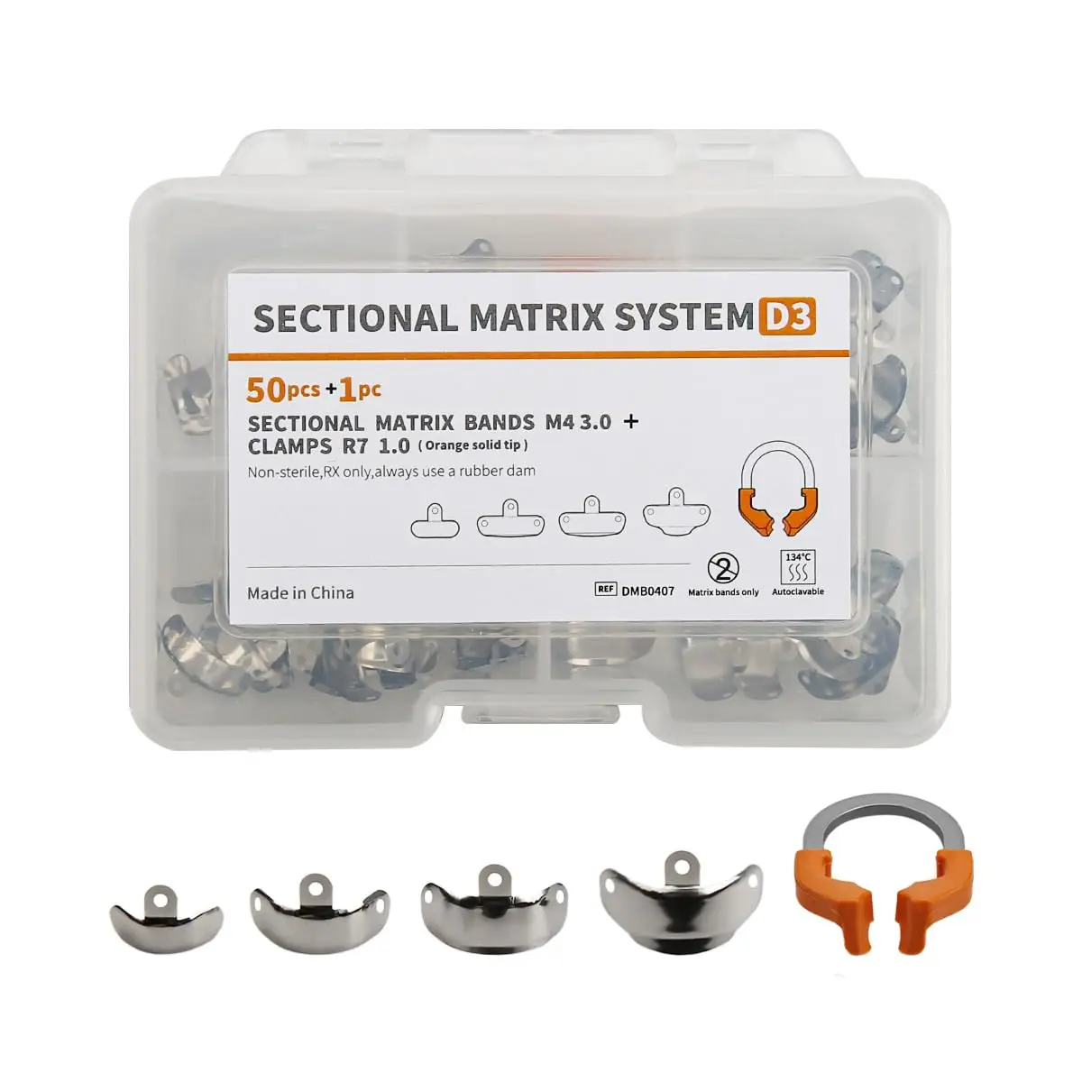 

Dental Sectional Matrix System D3 Tooth Interproximal Metal Matrices Refill Matrix M4 3.0+Clamps R7 1.0（50Pcs+1Pcs）