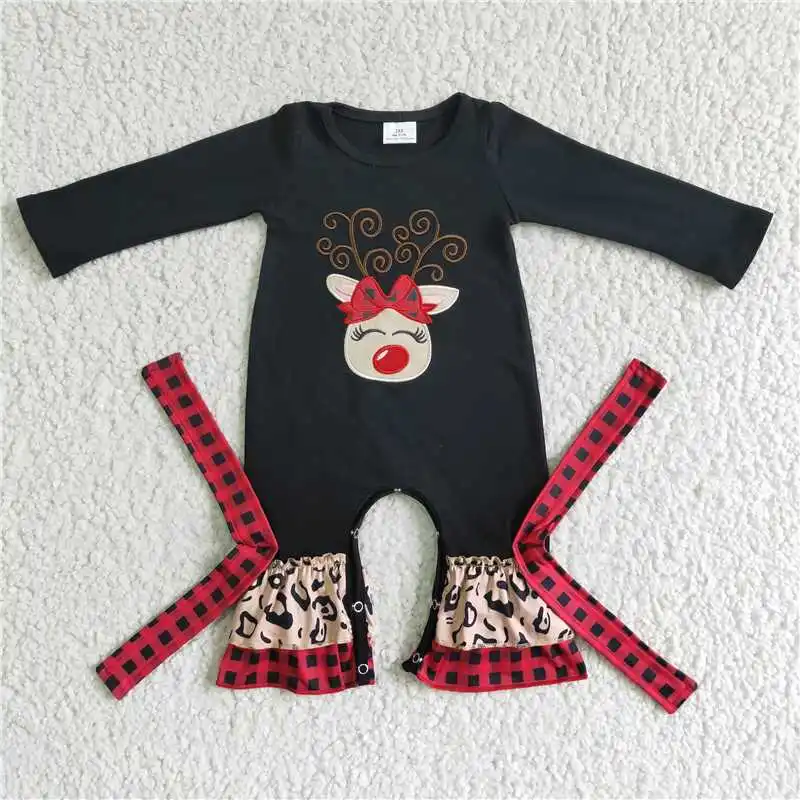 Wholesale hot sale baby kids clothes newborn toddler Christmas embroidery deer red and black checked leopard long-sleeved onesie