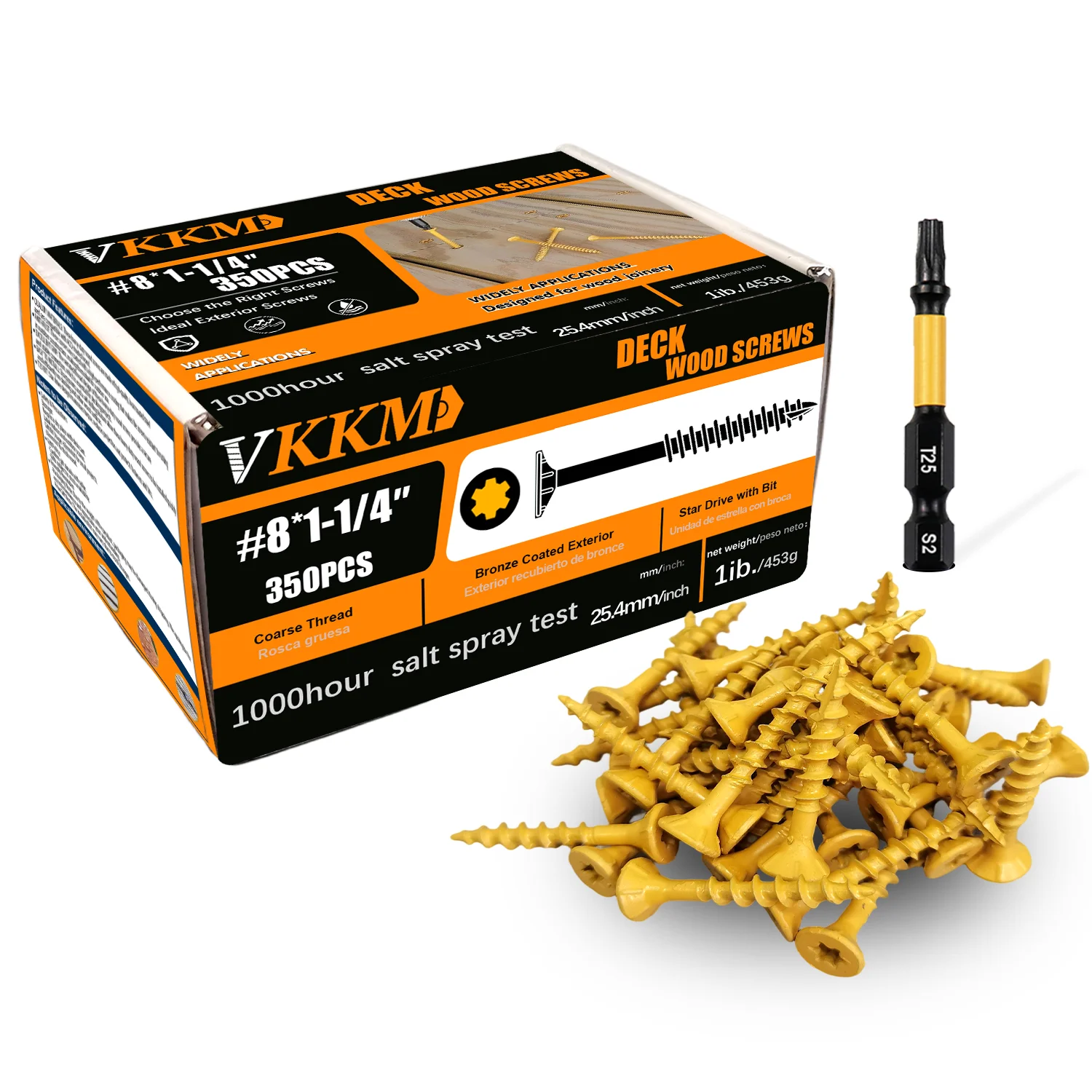 

VKKM 1-1/4 Inch Deck Screws, Wood Screws #8*1-1/4, 350 Pieces, Anti-rust Epoxy Resin Coating, Including Torx T25 Drive, Yellow