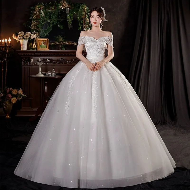 It's Yiiya White Wedding Dresses Pearls Appliques Off the Shoulder Lace up Princess Floor-length Plus size Bride Ball Gown FH017