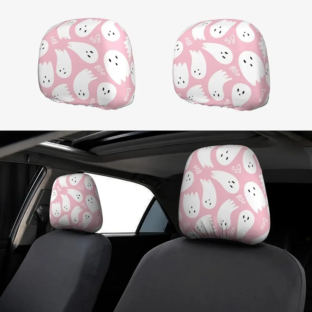 

Pink Cute Ghost Car Head Rest Covers 2 Piece Elastic Car Seat Headrest Protector Universal Fit Most Vehicles Auto Interior Ac