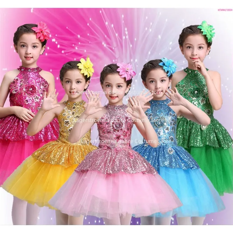 

Princess Sequin Dance Dress for Girls New Design Children Halter Flowers Tutu Dress Ballerina Clothes for Kids Ballet Dancers