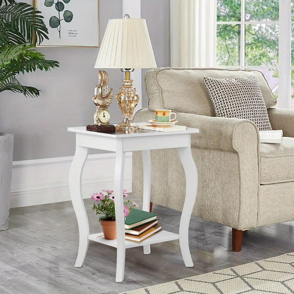 2-Tier Sofa End Table Accent Side Table Nightstand Coffee Table w/ Shelf White