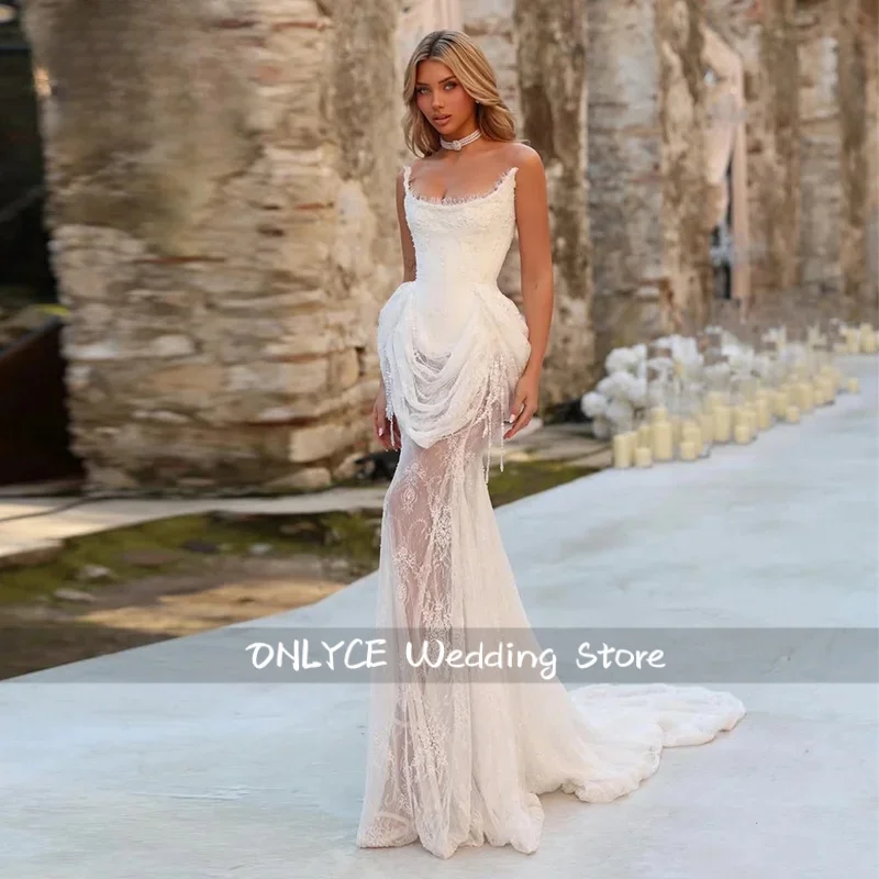 Unique Ivory Lace Mermaid Wedding Dresses Strapless Pearl Tassels Bridal Gowns Customized Lace-up Vestidos De Novia Sweep Tai