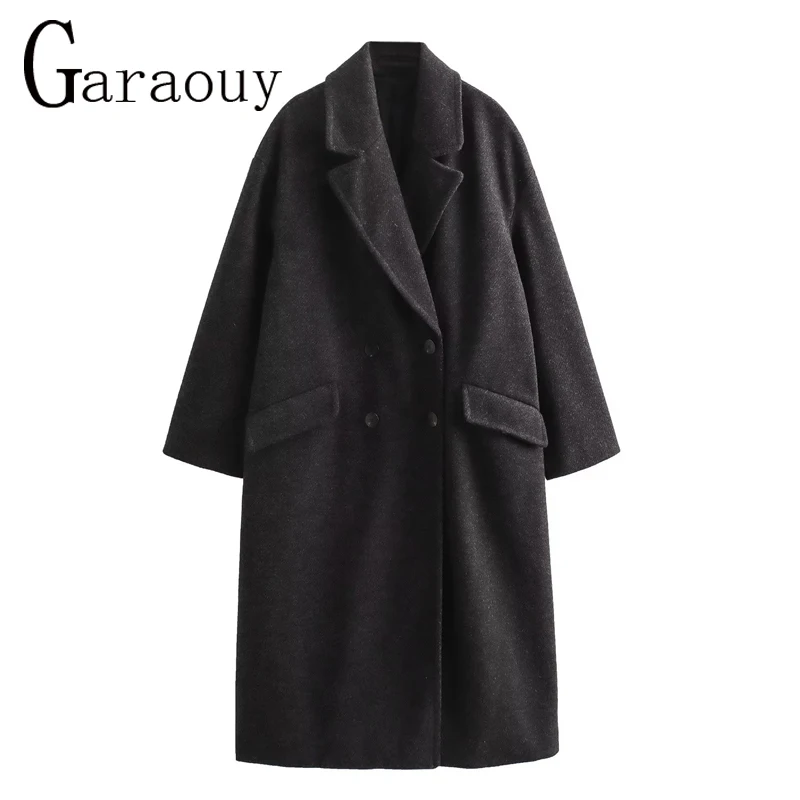 Garaouy 2024 Winter Women Simple Double Breasted Long Suit Woolen Coat Female Oversized Loose Blazer Overcoat Office Lady Jacket