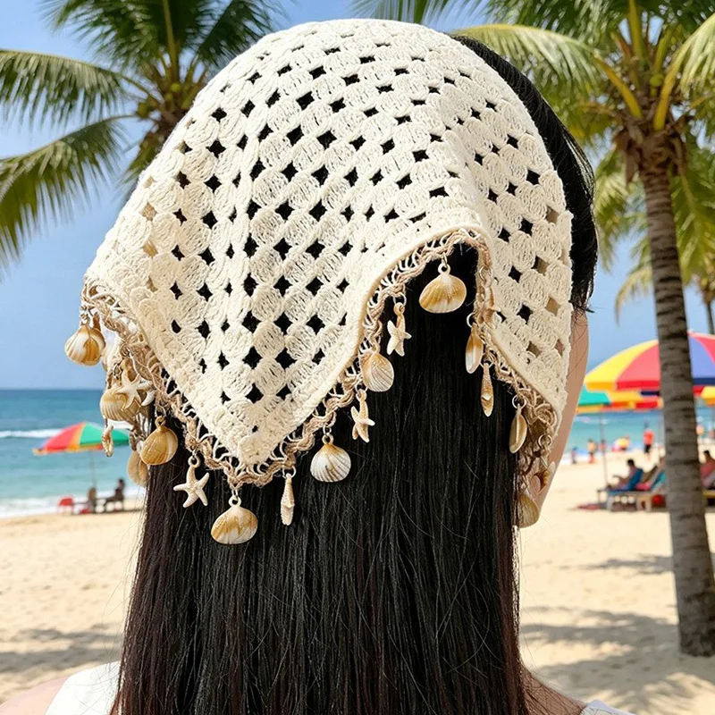 2PCS Girls Hollow Out Boho Beige Crochet Bandana Headband with Shell Starfish Tassel Fringe Edge Beach Holiday Head Wrap