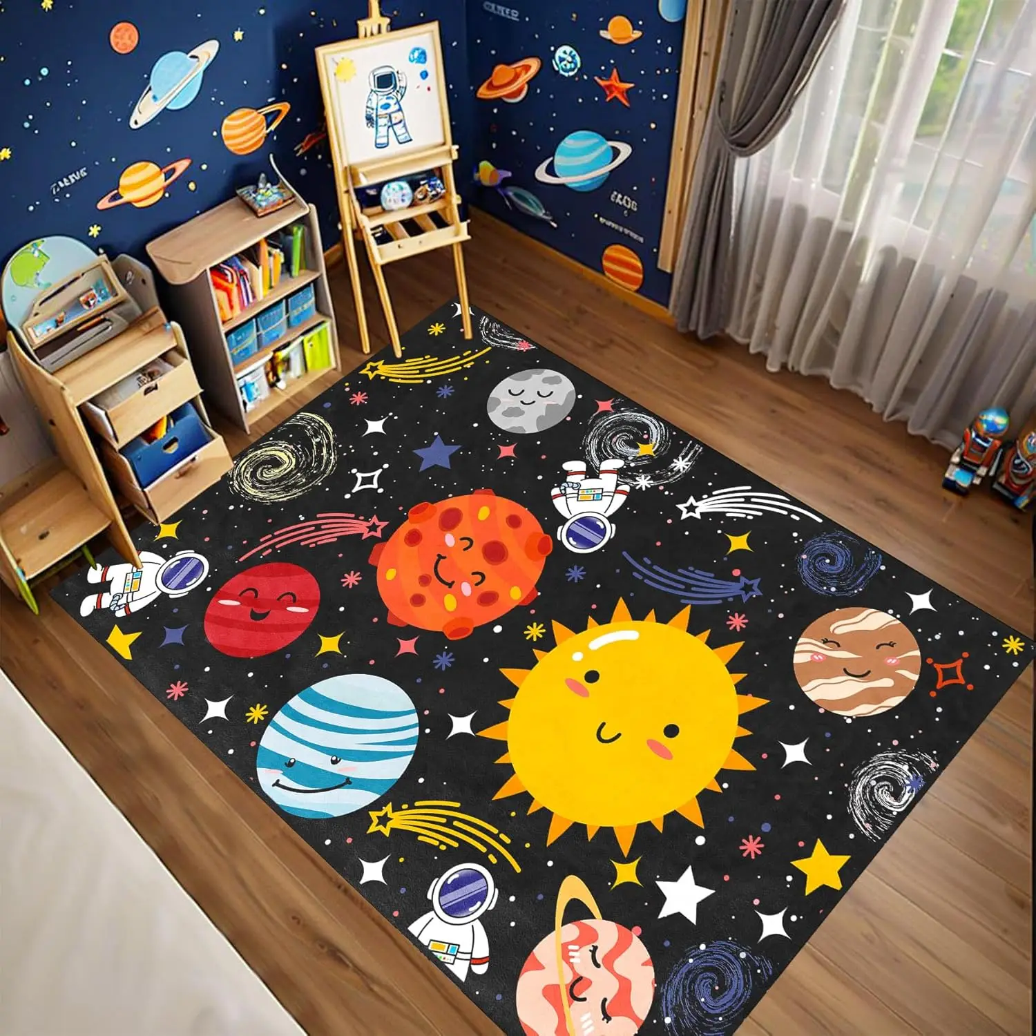 Alfombra con sistema solar para niños, alfombra para sala de juegos con temática de galaxia, alfombra antideslizante con estampado de planetas para dormitorio de niños, decoración para el aula