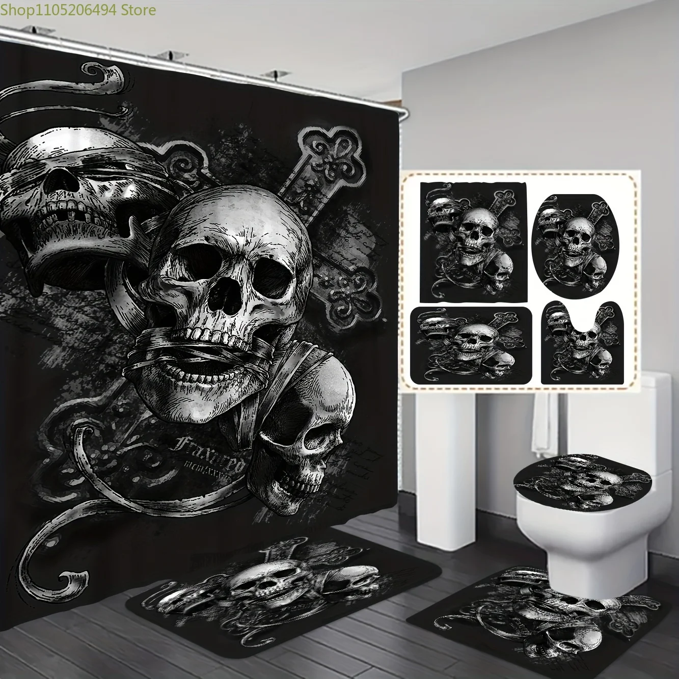 

1/3/4pcs Three Skull Style Bathroom Shower Curtain, Shower Curtain With 12 Hooks, Bathroom Rug, Toilet U-Shape Mat, Toilet Lid