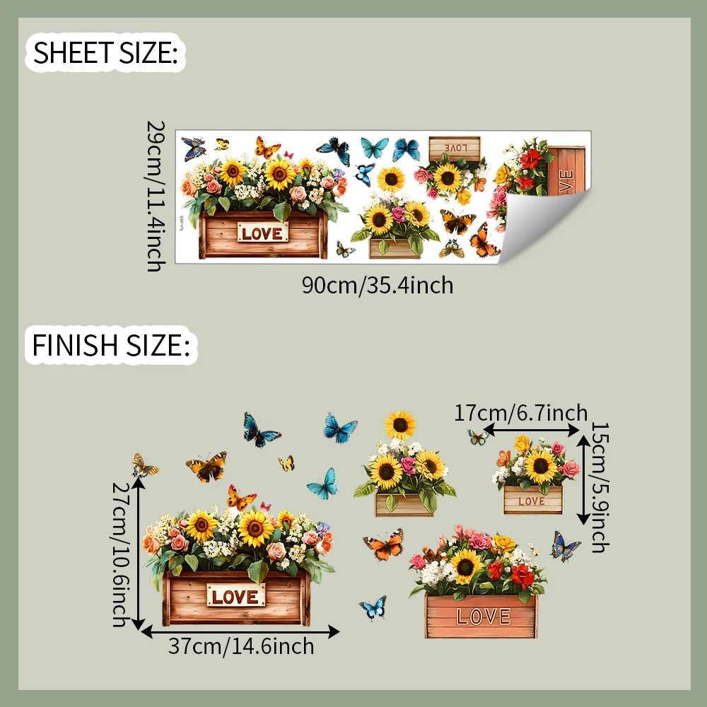 Painted Flower Box Sunflower Butterfly Wall Stickers Bedroom Living Room Wardrobe Furniture Home Decor Window Decals view 6