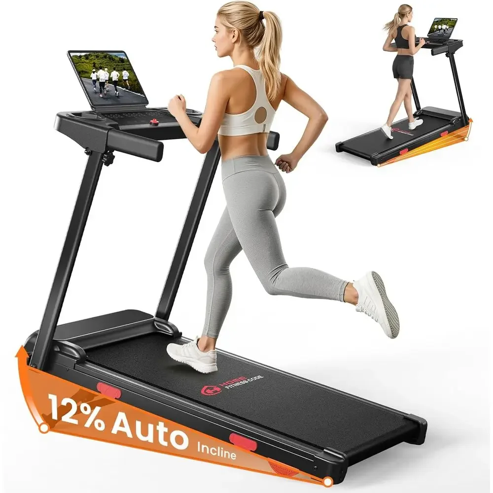 

Compact Folding Treadmill: 12% Auto Incline, 0.6-7.5 MPH, 3.0HP, Ultra Quiet, Bluetooth App, 400lbs Capacity, Shock Absorption,