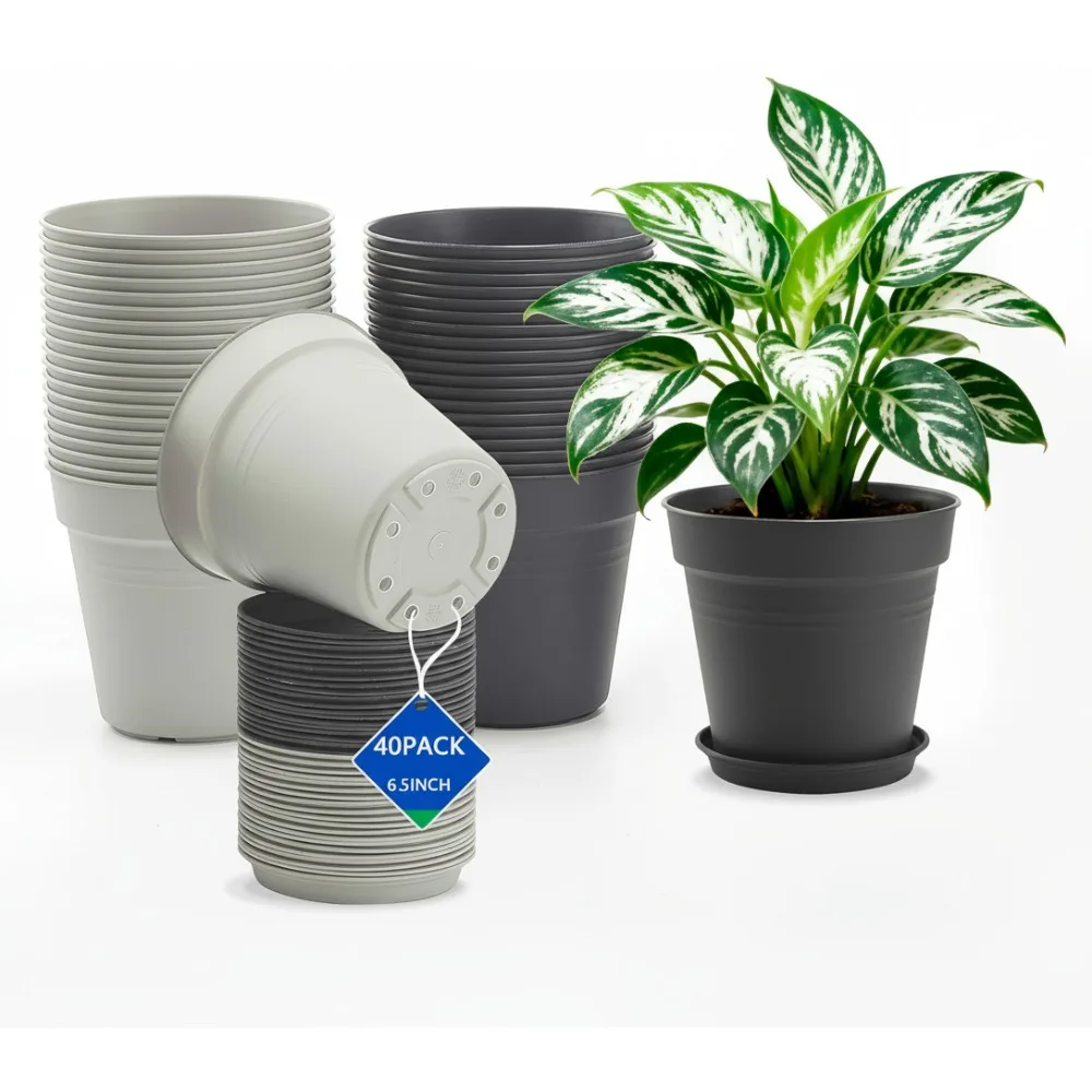 

40 Pack 6.5 Inch Plant Pots with Drainage Holes & Trays, Plastic Planter for Indoor Outdoor Gardening, Herbs, Houseplants