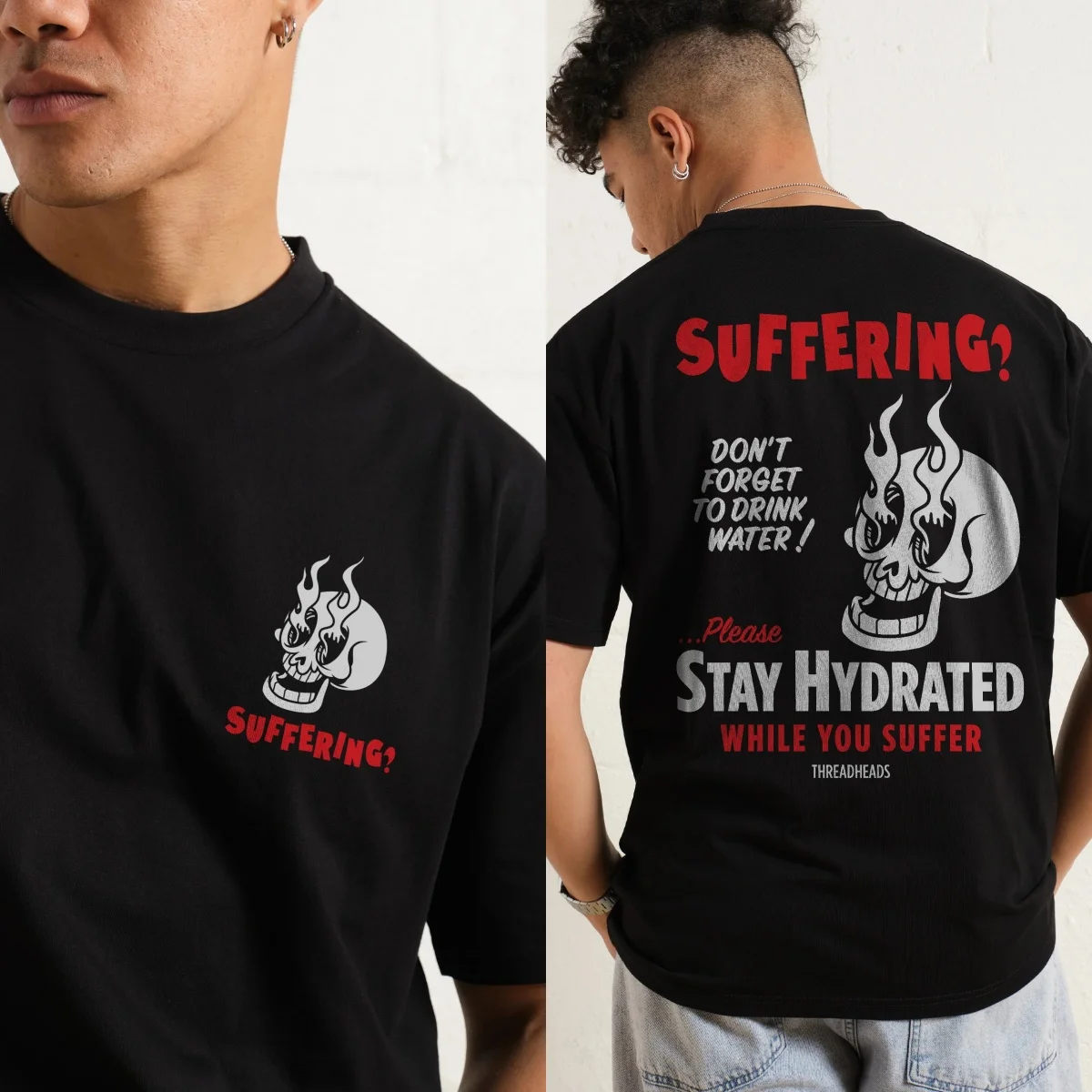 

Bold Suffering Skull Cotton Tee with Hydration Message Edgy Graphic for Fitness Fans and Trendy Looks New Arrival Tee S-4XL