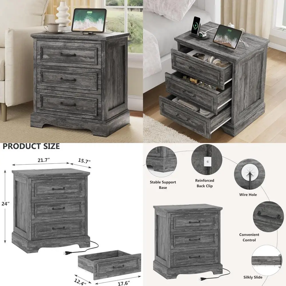 3-drawer wooden nightstand with charging station - modern side table for bedroom storage