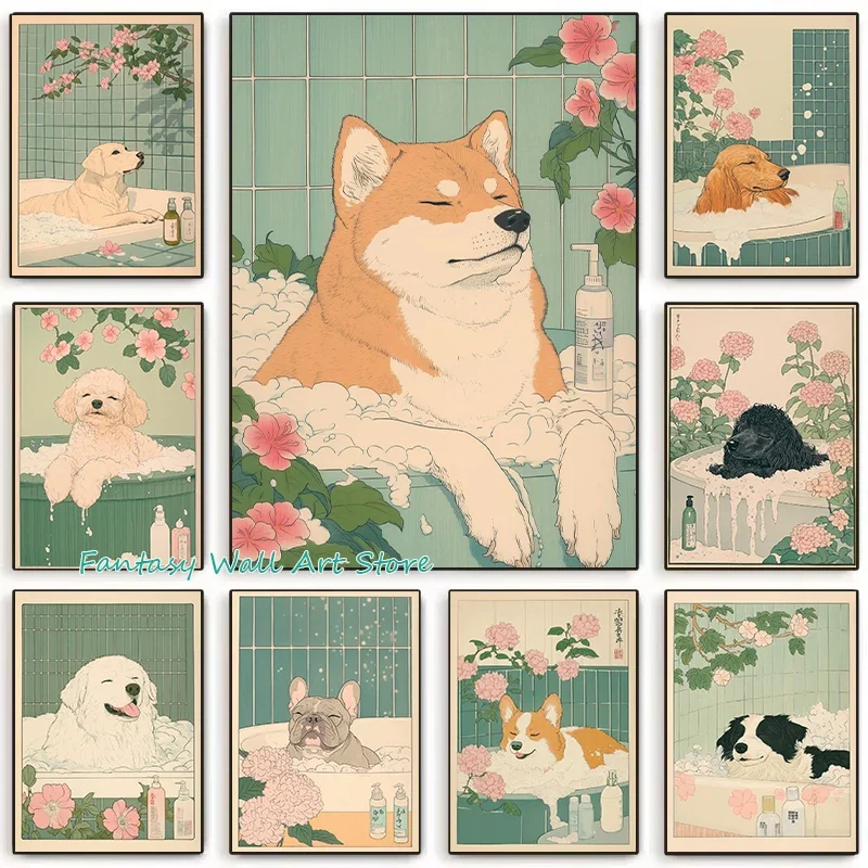 Japanese Shiba Dog in Bathtub Poster Prints Canvas Painting Retro Aesthetic Wall Art Picture Japandi Bathroom Toilet Home Dec